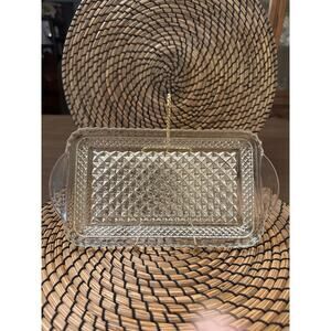 Vintage Pressed Glass Celery Relish Dish w Handles Diamond Quilt Pattern